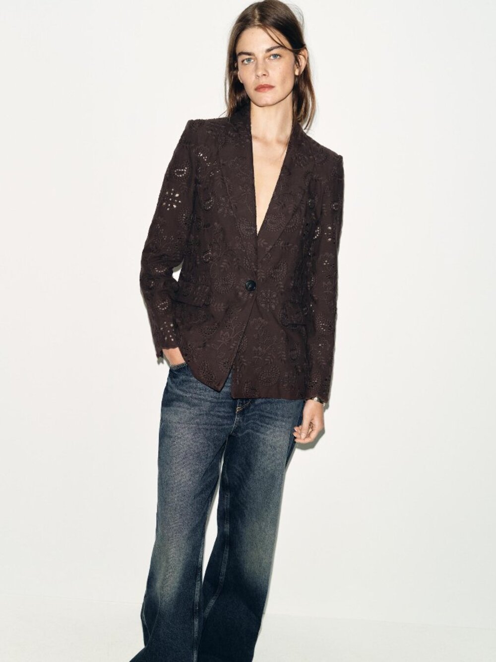 BNWT ZARA WOMAN STRAIGHT BLAZER WITH EMBROIDERED PERFORATED SHOULDER PADS BROWN